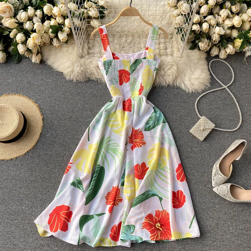 

JCHB 2021 High Quality Summer Dress Floral Beach Dress Female Korean Fashion Dresses for Women Sleeveless Vestido De Mujer Pph3