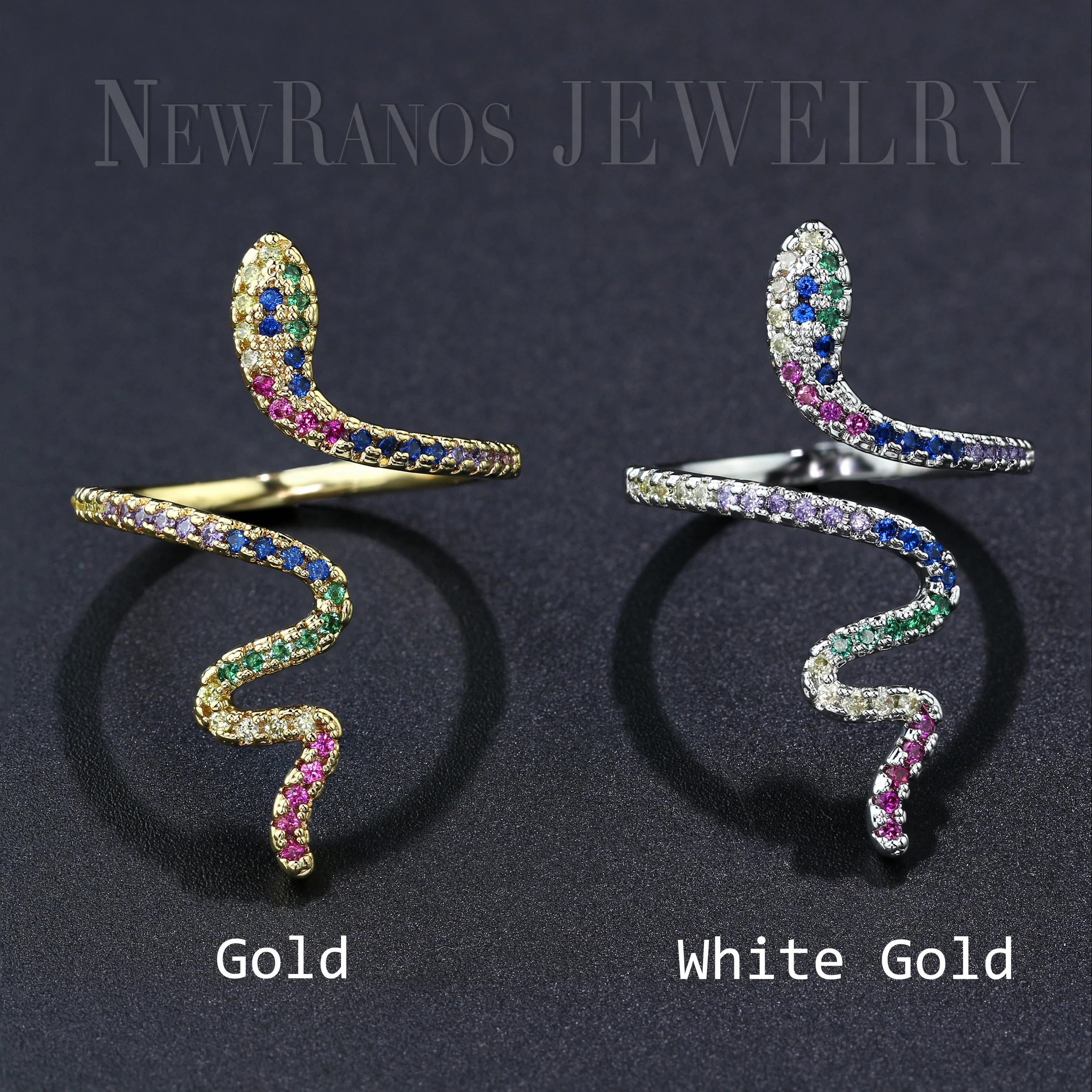 Newranos Multi Color Snake Gold Ring Rainbow Baguette AAA+ Cubic Zirconias Finger for Women Fashion Jewelry RYL003524 | Украшения и