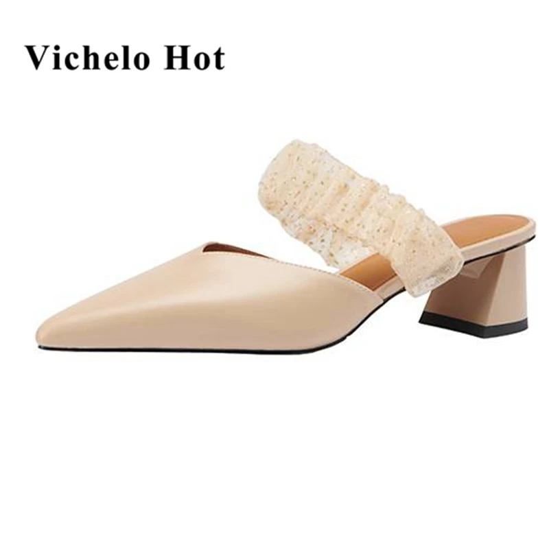 

Vichelo Hot 2021 mules cow leather model show catwalk med heels European designer fairy style slip on summer women sandals L19