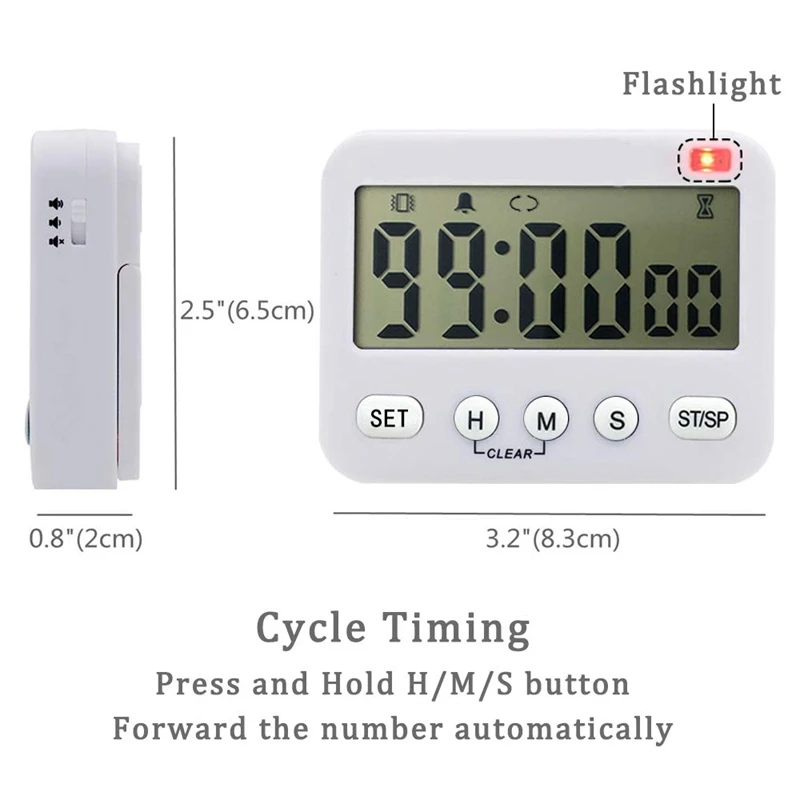 Digital Kitchen Timer Magnetic Cycle Count Down Large Display Memory Function 24-Hour Clock and Alarm with V |