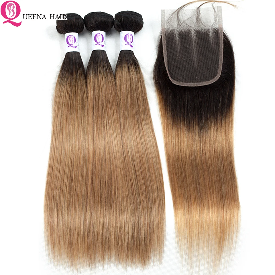 Ombre Bundles with Closure Frontal 1B/27 Blonde Straight Human Hair With Peruvian 3/4 | Шиньоны и парики