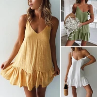 hot sales sexy women dress solid color sleeveless deep v neck ruffle hem loose mini dress for party