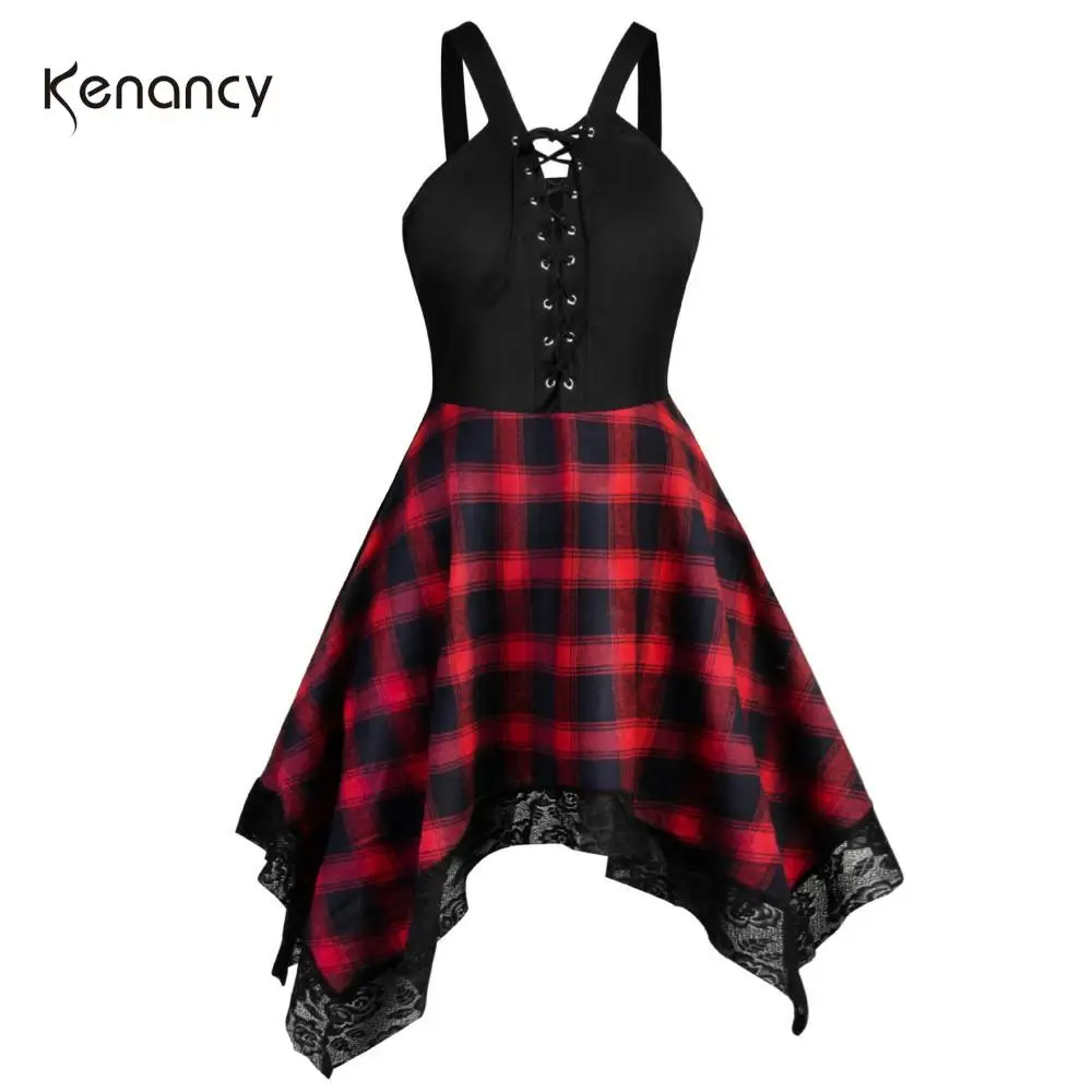 Kenancy Summer Sleeveless Vintage Dress Women Plaid Lace Patchwork Irregular High Waist A-Line Party Vestidos 5XL | Женская одежда