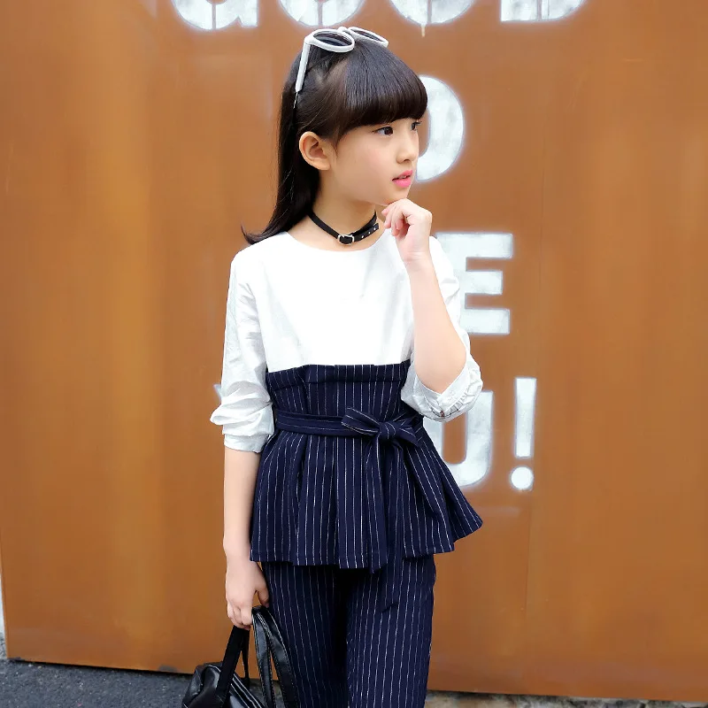 

2020 Spring School Kids Striped Outfits Top Shirts & Pants Suits Girls Clothing Sets Autumn Patchwork Teen Clothes for Girls Set
