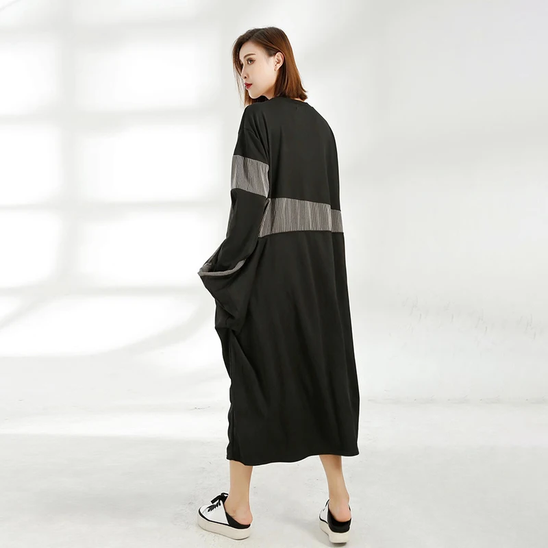 

CHICEVER Streetwear Dress For Women O Neck Long Sleeve Patchwork Pockets Hit Color Loose Straight Dresses Female 2021 Autumn New