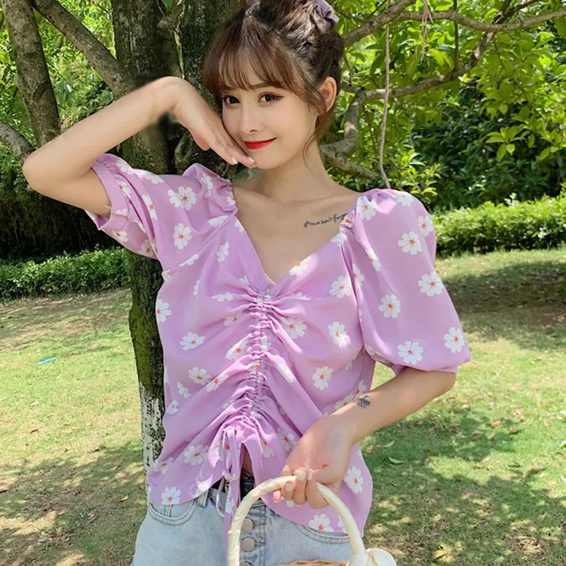 

Fashion Pleated Short Sleeve Blouse Tops Summer Printed V-Neck Blouse Women Sweet Shirts Top