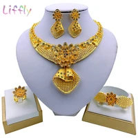 liffly african fashion jewelry sets flower necklace bracelet earrings ring crystal jewelry wedding bridal jewelry set