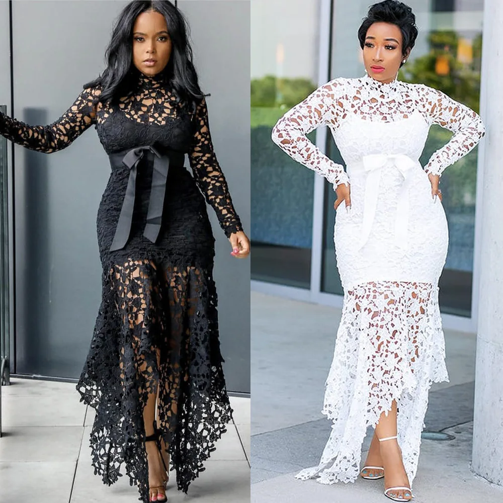 

2021women's sexy hollow out bow tie round neck long sleeve summer dress Free shipping
