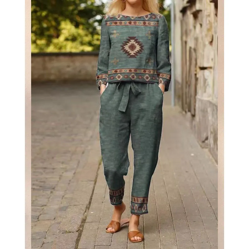 

2021 Autumn New Print Two Piece Sets Women Vintage Loose Casual Streetwear O-neck Long Sleeve Tops Trousers Fashion Pants Suit