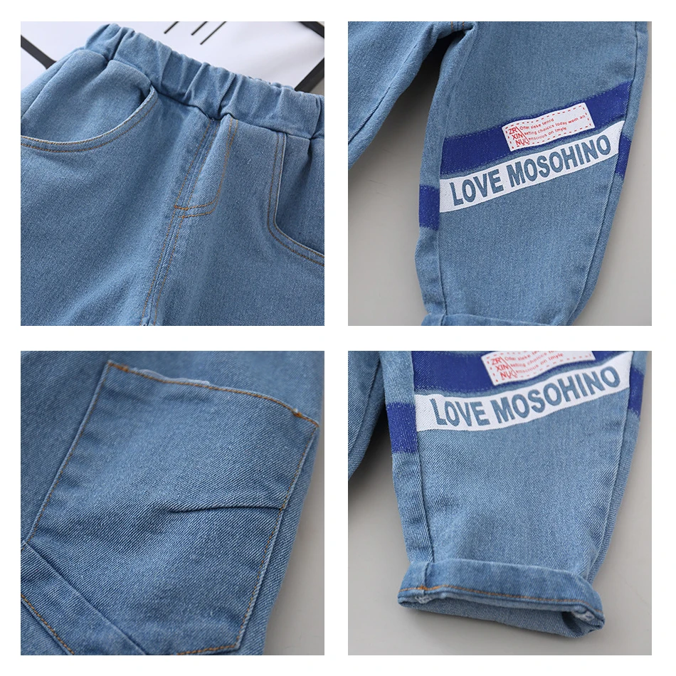 Детские джинсы с принтом алфавита Мягкие штаны из денима дырками для мальчиков и