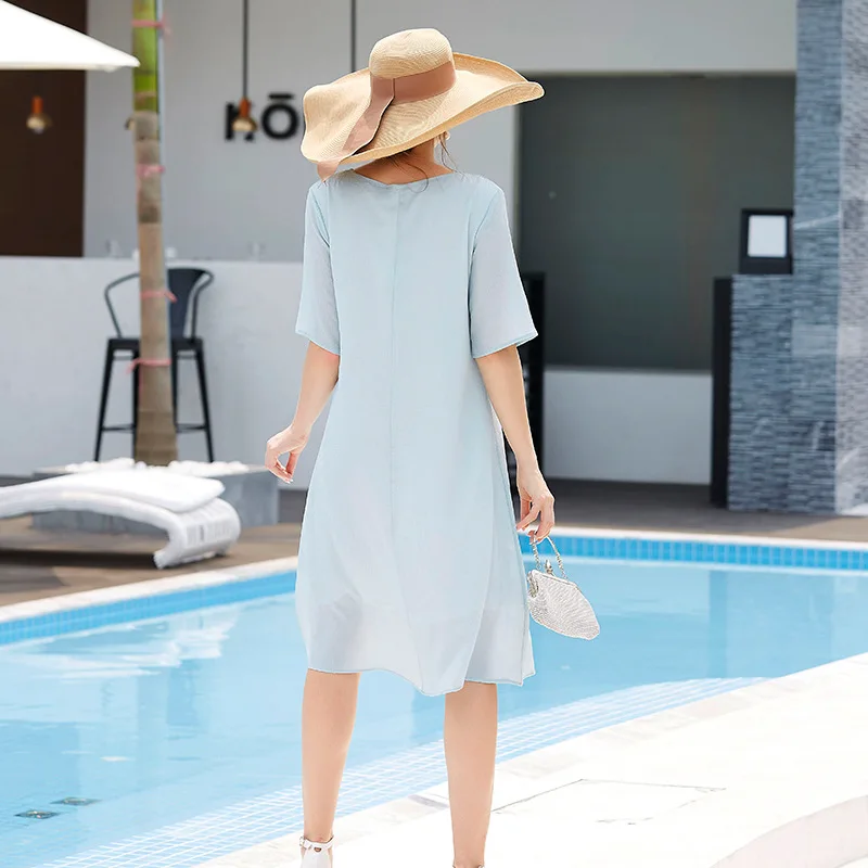 

Summer Fashion Loose Medium Length Elegant White Embroidery Round Neck Half Sleeve Large Swing Dress Chinese Style Retro