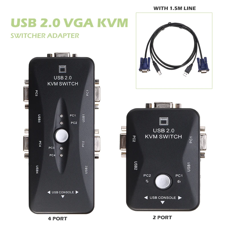 

POHIKS 1pc High Quality USB 2.0 VGA Splitter Adapter 1920x1440 2/4 Ports KVM Switch Box Adapters With 1.5m KVM Cables