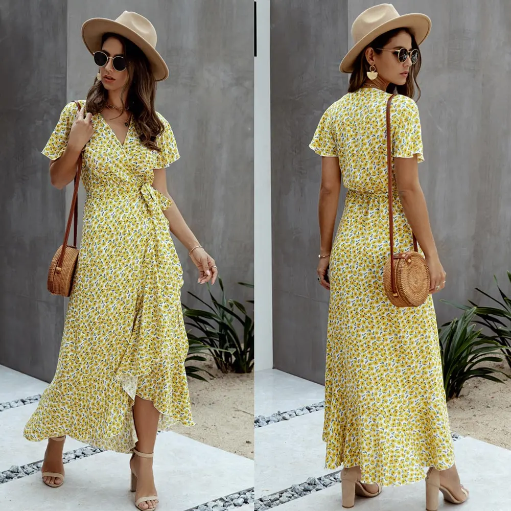 

2022 Summer Sexy V-neck Polka Dot Long Dress Ruffled Short Sleeve Bohemian Beach Commuter Vacation Party Dress Long Skirt