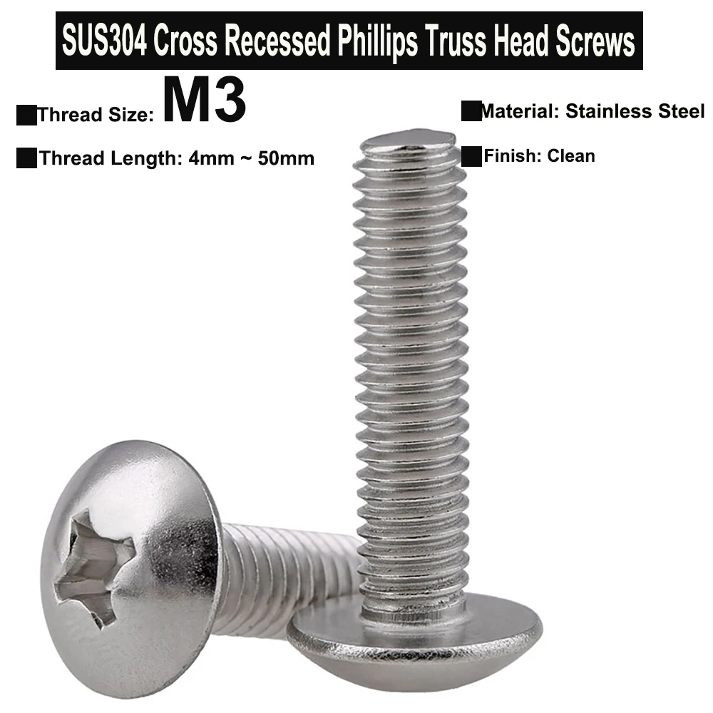 

50Pcs/30Pcs/20Pcs M3x4mm~50mm SUS304 Stainless Steel Cross Recessed Phillips Truss Head Screws