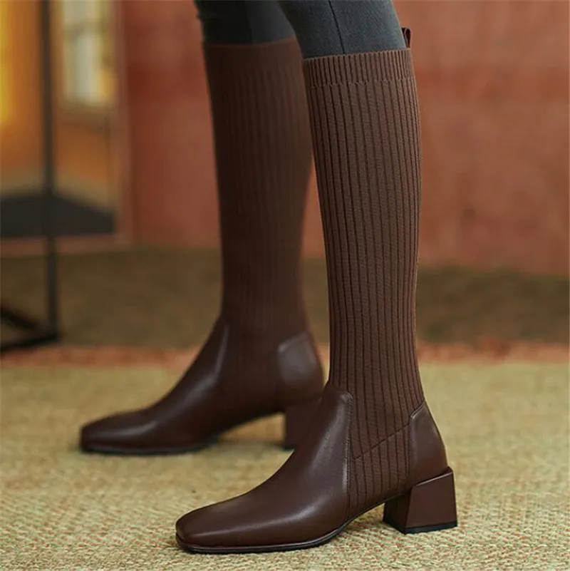 

Sexy Slim Knee-High Sock Boots Fashion Knitting Stretch Cloth Leather Stitching Women Long Boots Female Square Toe High Heels