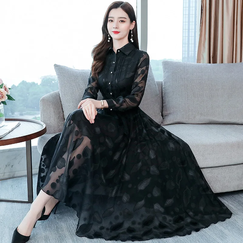 

Autumn 2021 new fashion trend new slim long-sleeved jacquific chiffon dress temperament big swing long skirt girl