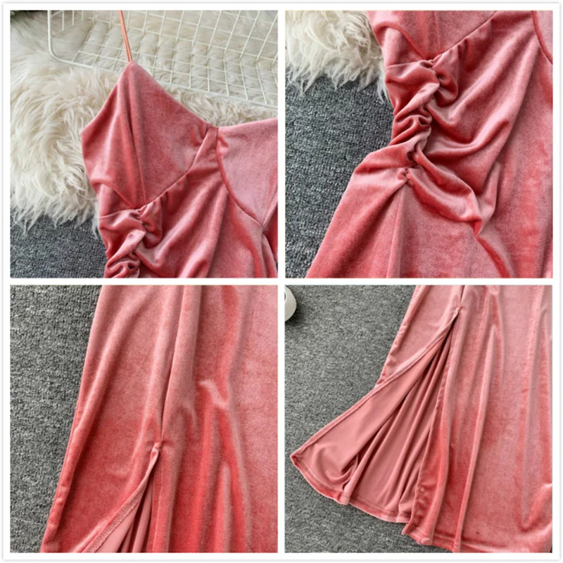 

2019 New Sexy Split Midi Dress Women Autumn Winter Slim V-neck Velvet Dresses Woman's Fashion Elegant Medium Long Party Dress