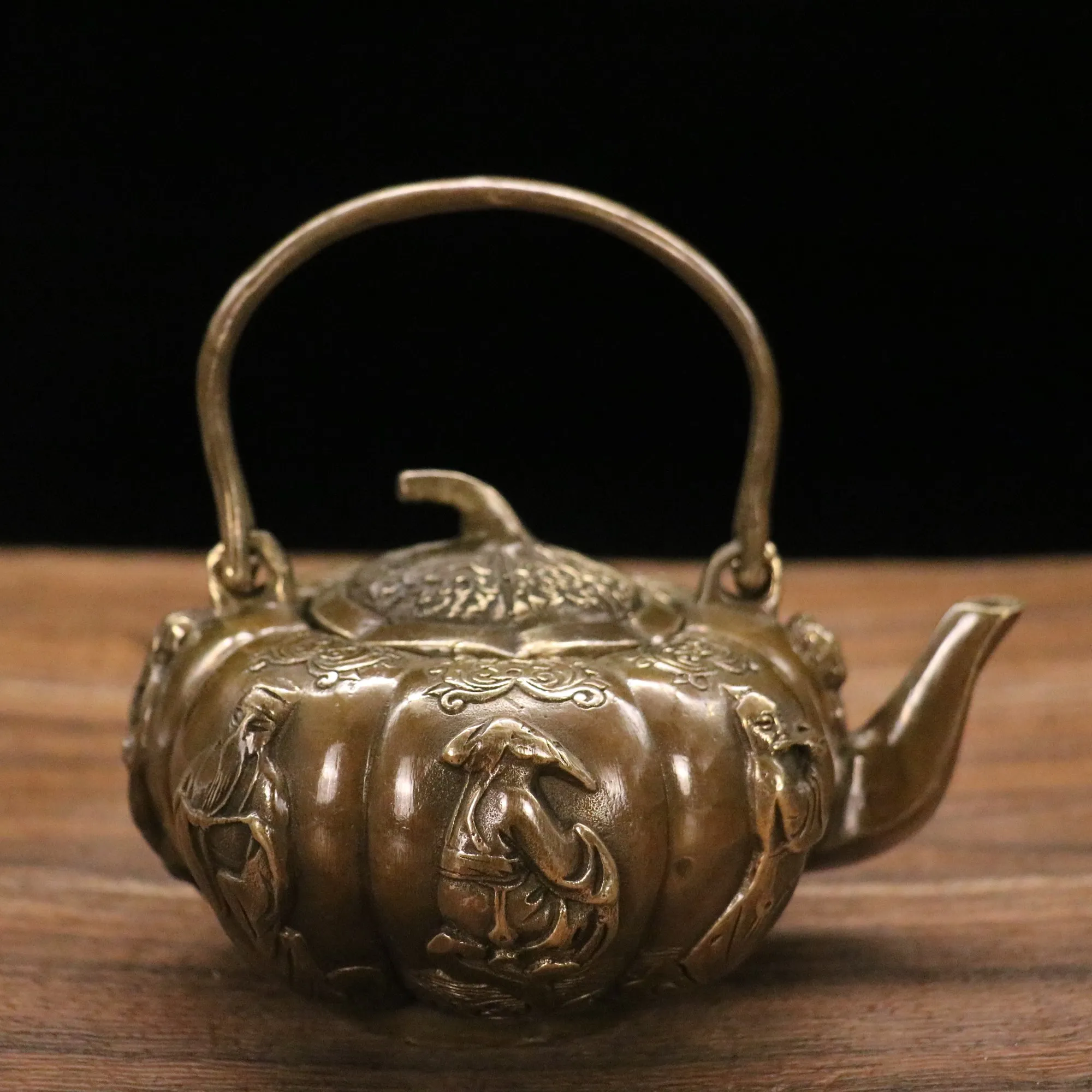 

6"Chinese Folk Collection Old Bronze pumpkin the Eight Immortals teapot kettle flagon Office Ornaments Town House Exorcism