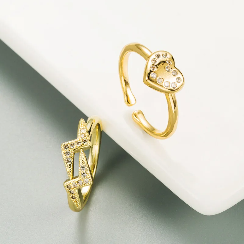 

European and American Fashion Simple Love Lightning Women's Open Ring Copper Micro Inlaid Zircon Adjustable Ring Jewelry 2021
