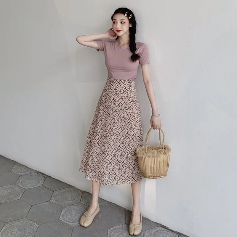 

2020 Summer Women Casual Solid Color Female Slim Short Sleeves And Super Fairy Forest Floral Skirt