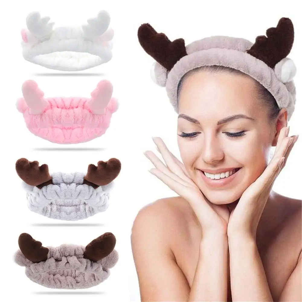 

1PC Cacartoon Animals Deer Bow Spa Headbands Women Soft Coral Fleece Makeup Head Wraps for Shower Washing Face Wash Headband