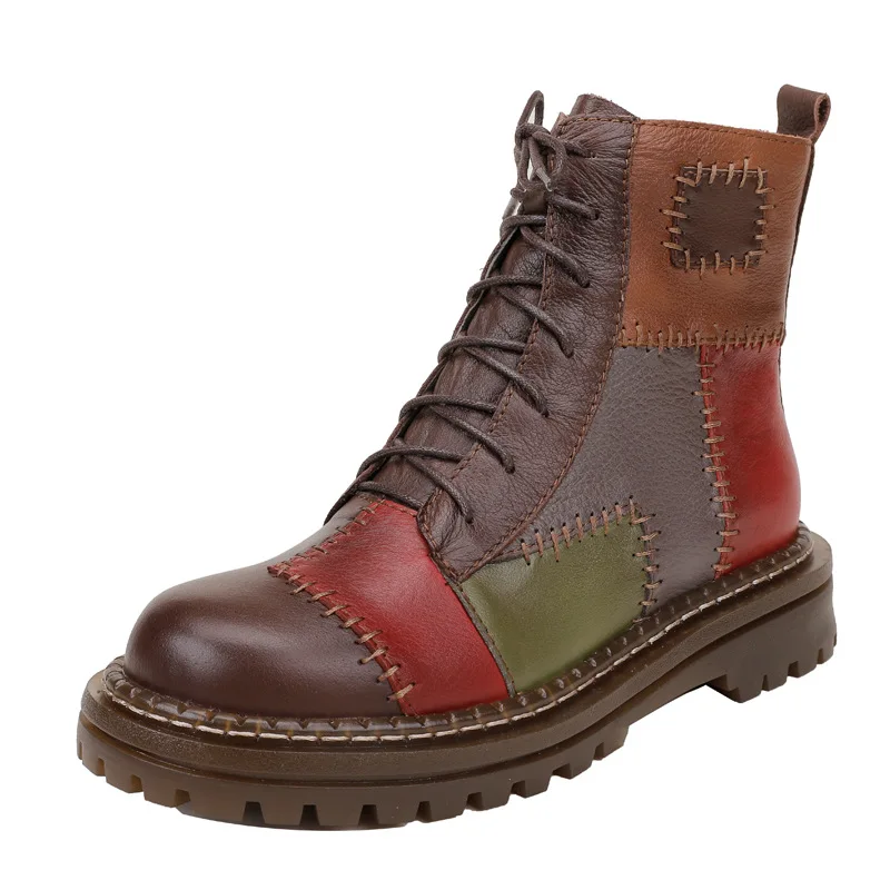 

Johnature Ankle Women Boots Genuine Leather 2021 New Winter Women Shoes Mixed Colors Round Toe Zip Flat With Platform Boots
