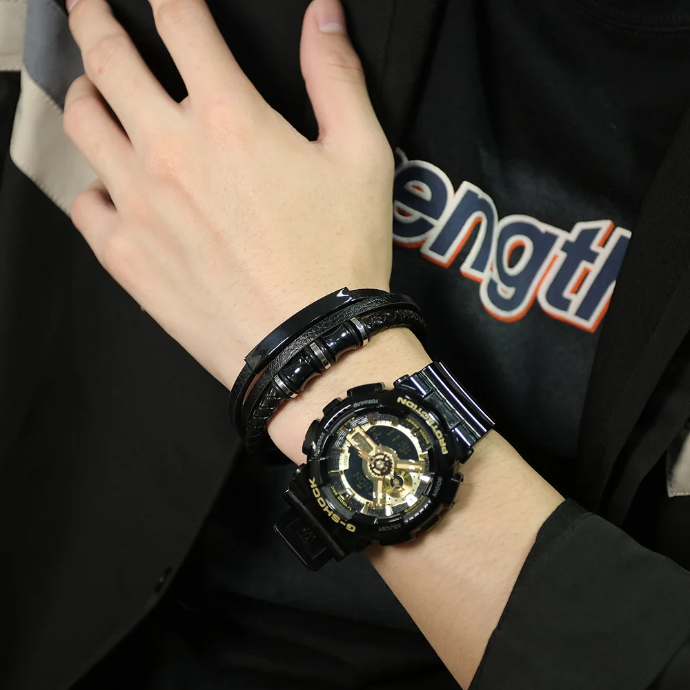 Мужской браслет для запястья аксессуары черный Многослойный кожаный из