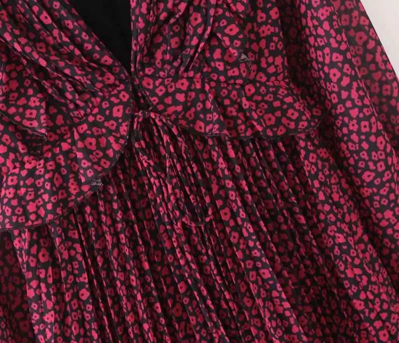 

Deep V Fashion Neck Dresses Women Vintage Floral Print Ruffles Vestidos Palace Long Sleeve Women Dress