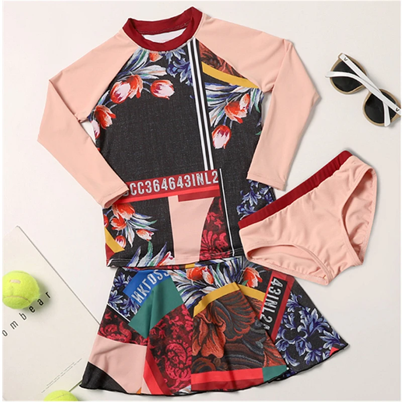 

STAERK Girls' split skirt 3-piece beach swimsuit children's comfortable long sleeve sun proof swimsuit Kids Bikini Set Print