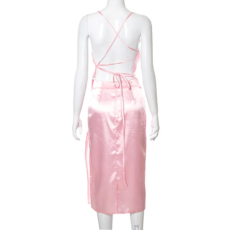 

2021 Summer New Halter Satin Lace Up Slit Dress Sets Skirt Women's Suit Two Piece Set Outfit