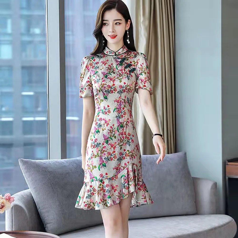 

Vintage Oversize Novelty Short Chinese Formal Rayon Dress Chinese Style Women Mandarin Collar Qipao Elegant Lady Cheongsam Dress