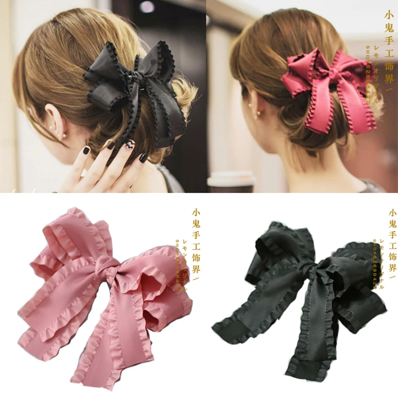 

Japanese big hand-made hair accessories black solid color ribbon big bow hairpin tassel big streamer head ornaments