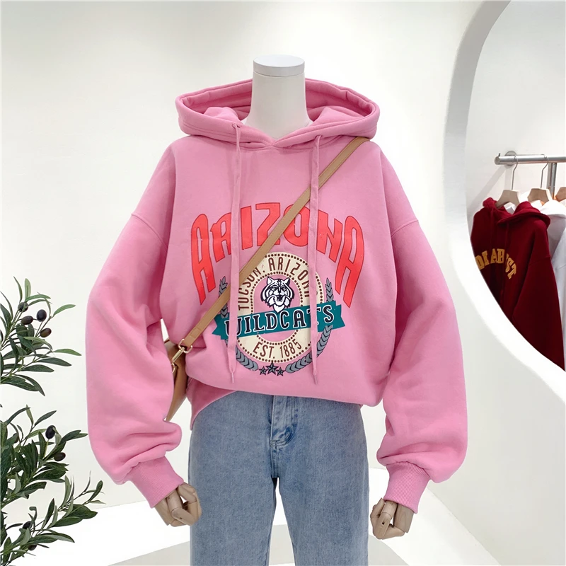 

Plus Velvet Casual Female Sweatshirt Korea-style Letter Cartoon Printing Thick Winter Hooded Pullovers Top Long Sleeve Hoodies