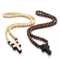 retro wooden brown short cross pendant wooden beaded necklaces for men woman rosary wood bead payer religious jewelry gift