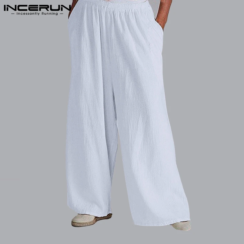 

Vintage Men Pants Baggy Solid Color Cotton Joggers 2021 Elastic Waist Wide Leg Trousers Breathable Streetwear Pantalon INCERUN