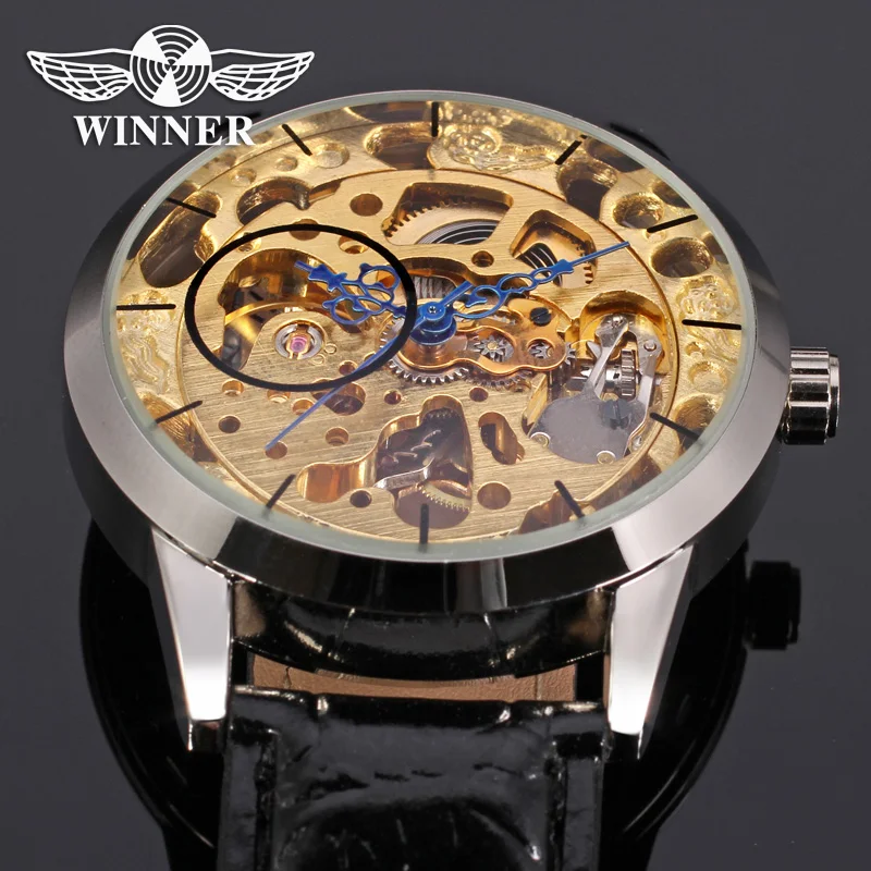 

Winner skeleton men's leather strap watch hand wind montre mecanique saatler fashion casual wristwatch color gold WRG8003M3S2