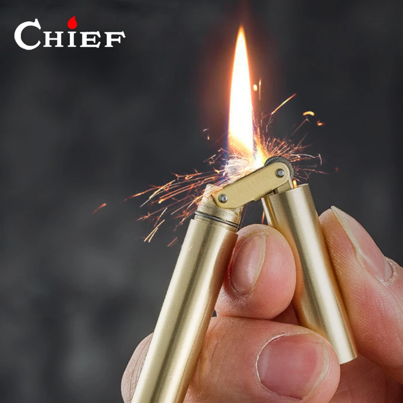 2021 New CHIEF Kerosene Grinding Wheel Lighter Windproof Mini Personality Double Cut Plate Dragon Rod Brass Lighter Gift for Men