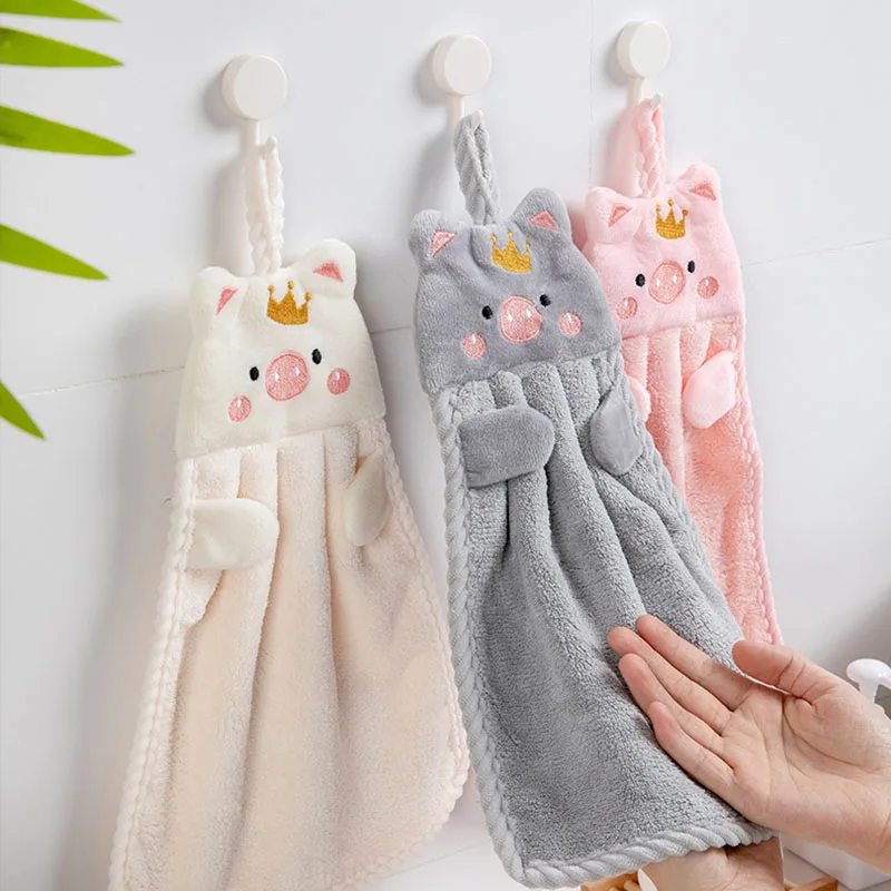 

2Pcs/Pack Hand Towel Handkerchief Cartoon Pig Embroidery Wall Mounted For Household Soft Korean Style Kitchen Daily Supplies