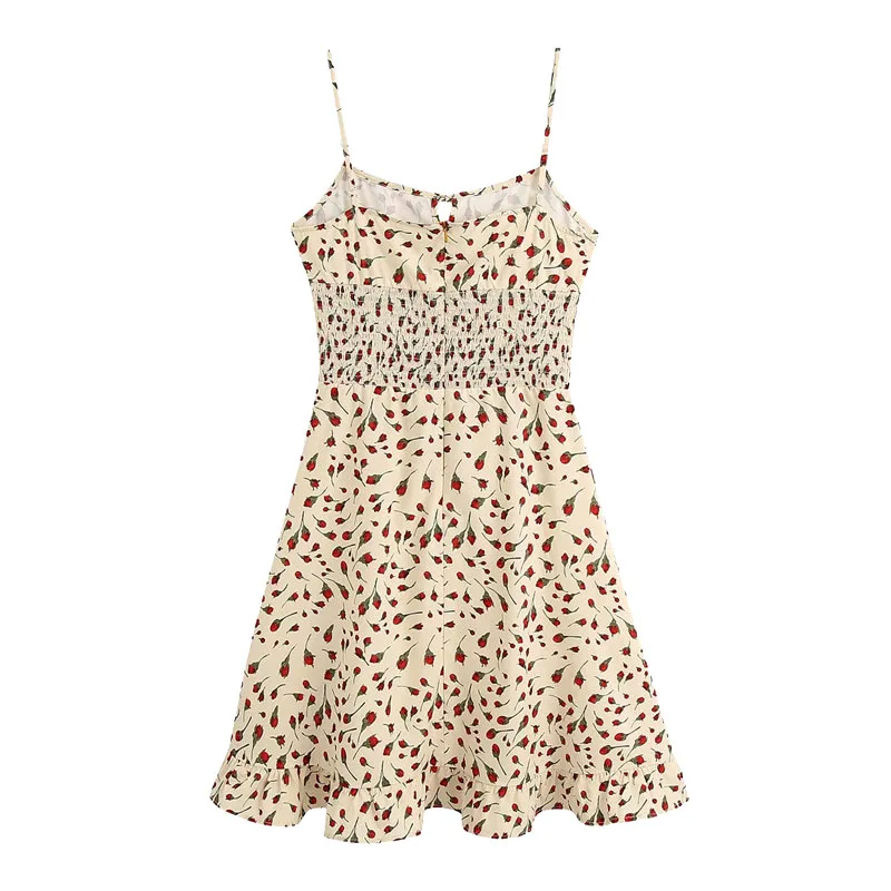 

2020 Women Sweet Fashion Rose Print Slim Ruched Dress Vintage Elastic Waist Spaghetti Strap Dresses Cute Girls Chic Vestidos