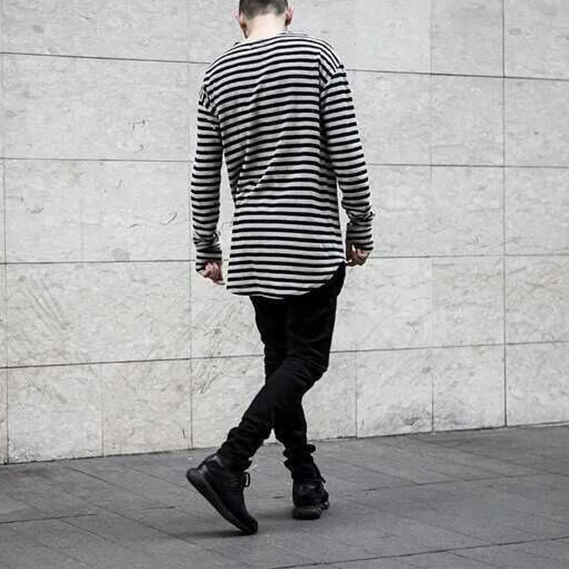 Мужская длинная футболка в полоску с длинным рукавом и вырезом для большого