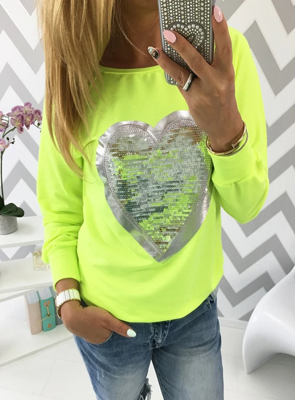 Женская толстовка с длинным рукавом пуловер блестками и сердечком спортивный
