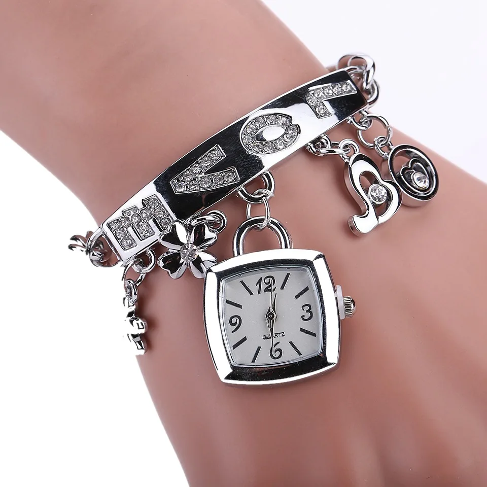 Hot Ladies Diamond Stainless Steel Bracelet Watch Square Shape Fashion LOVE Bracelet Watch
