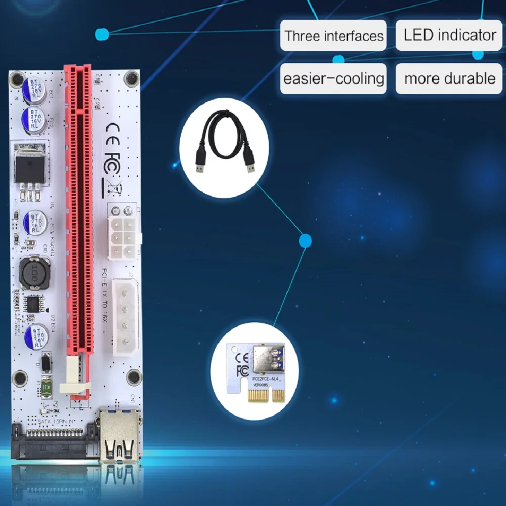 Кабель адаптер TISHRIC PCIE для майнинга 1X к 16X USB3.0 расширитель SATA Molex PCI Express внешняя