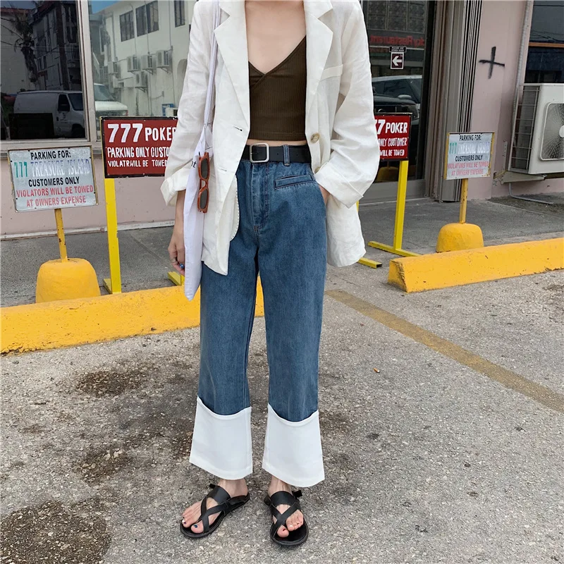 Контрастные однотонные простые джинсовые облегающие свободные прямые брюки с