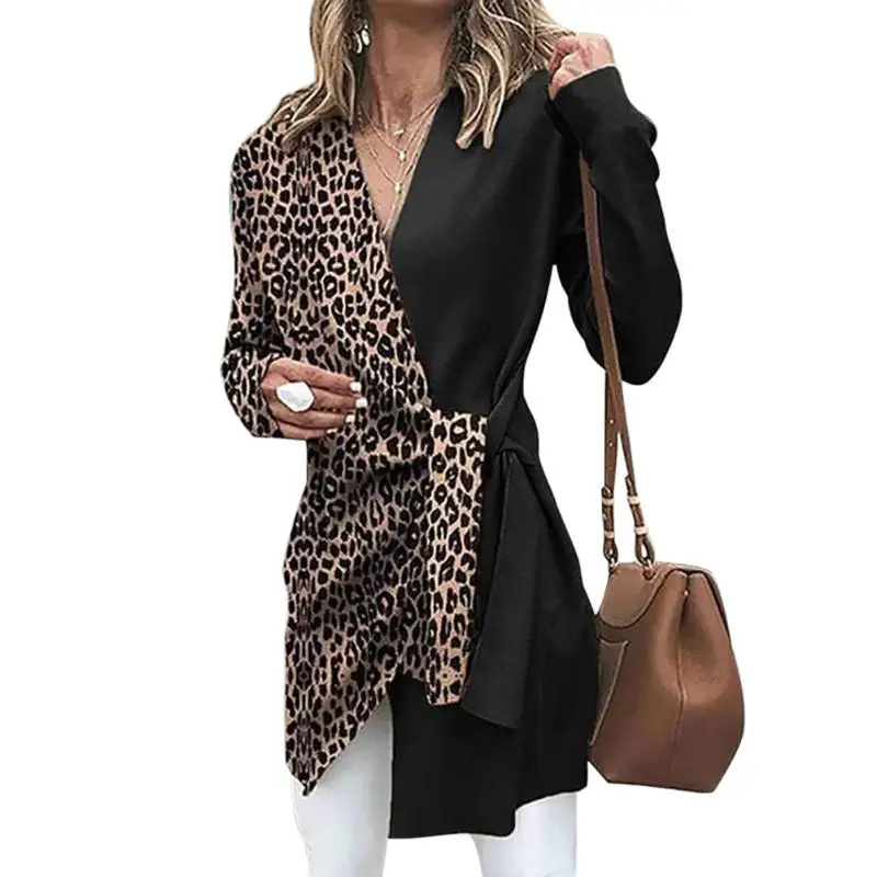 Модный комбинированный женский кардиган с леопардовым принтом свободный пояс