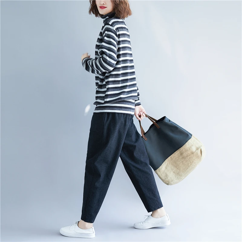 

plus size turtleneck women sweaters lantern sleeved thicken warm striped all match female pulls outwear coat tops