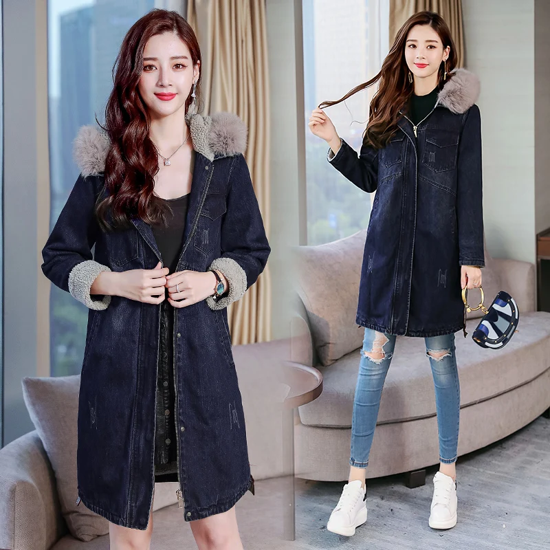 2019 зима осень женский джинсовый плащ синяя куртка джинсы Длинная ветровка