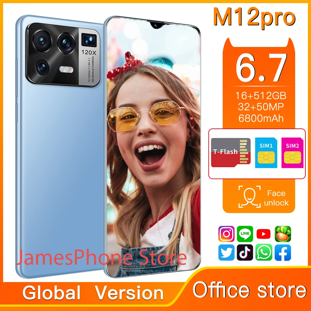 2021 Новый Smartpone M12pro глобальная версия Smartphonr 16G 512G Android11 Face ID отпечатков пальцев 6800