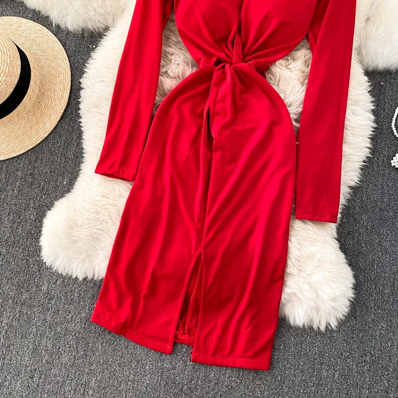 

Women Black/Red Party Bodycon Dress Spring Autumn 2021 Female V-Neck Long Sleeve High Waist Slim Twist Vestidos Fashion New