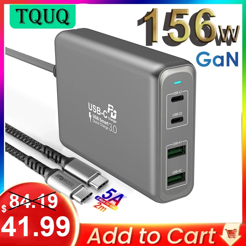 

TQUQ 4-port 156W GaN Fast Charger USB C Power Adapter, PD 100W PPS 65W 45W QC4.0 for MacBook iPhone Samsung Dell Xiaomi Laptop